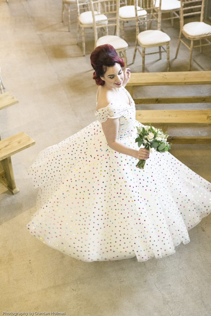 short wedding dress with polkadots