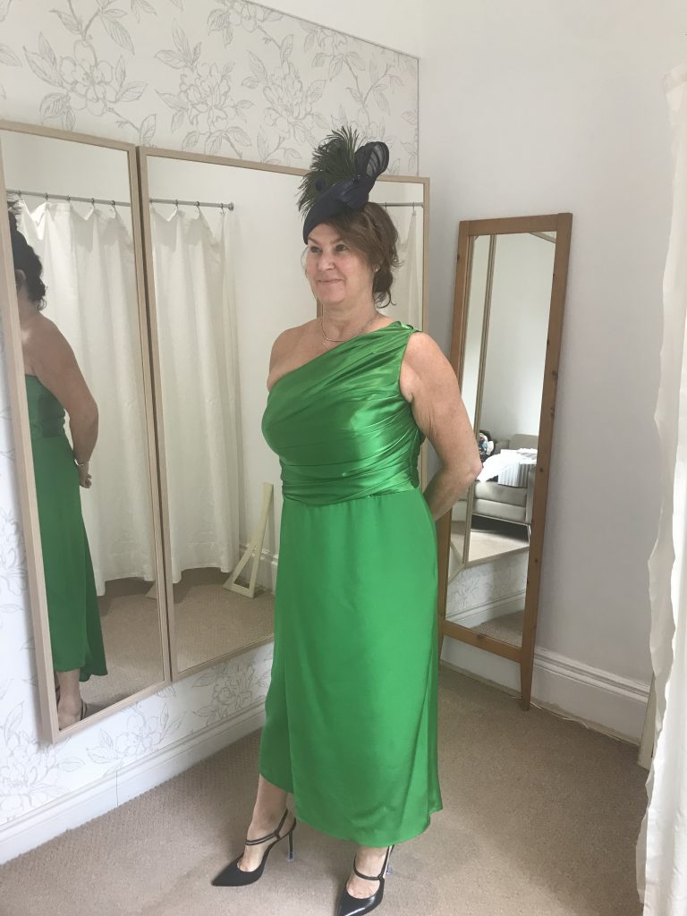 one shoulder mother of the bride dress in vibrant green