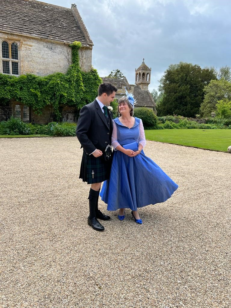 blue silk and polka dot dress