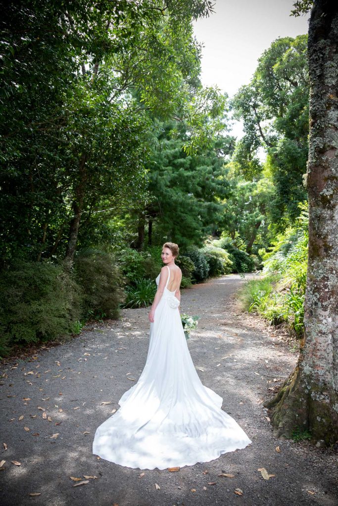 silk crepe dress with long detachable train