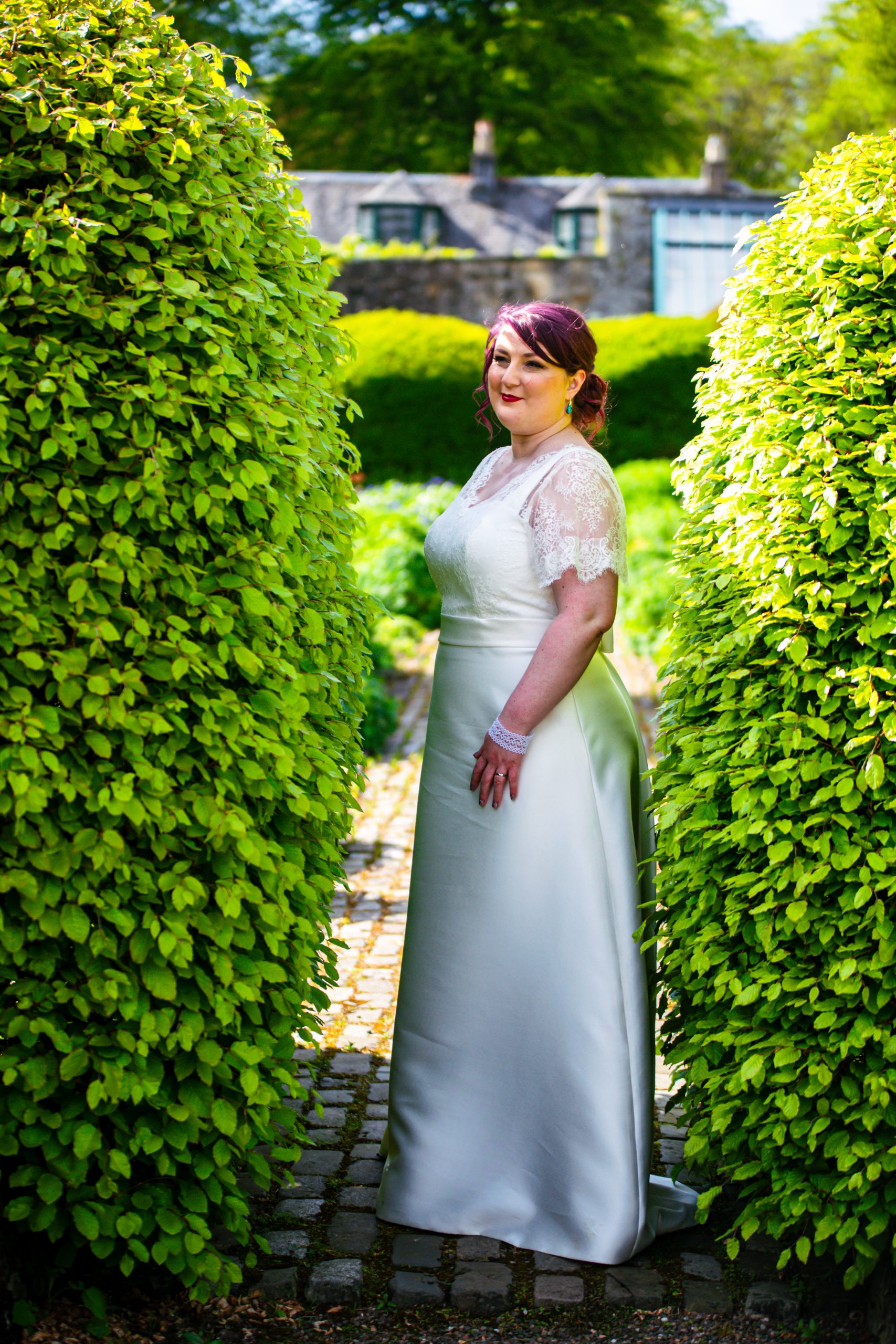 gorgeous wedding dress with Chantilly lace bodice and Mikado skirt