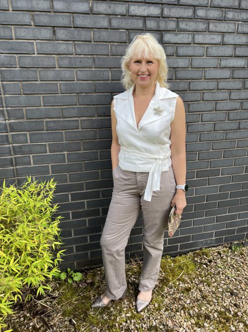 Wrap Blouse and trousers with front fly zip